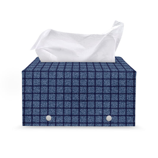 Denim Windowpane Pattern Print Leather Tissue Box Cover