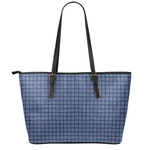 Denim Windowpane Pattern Print Leather Tote Bag