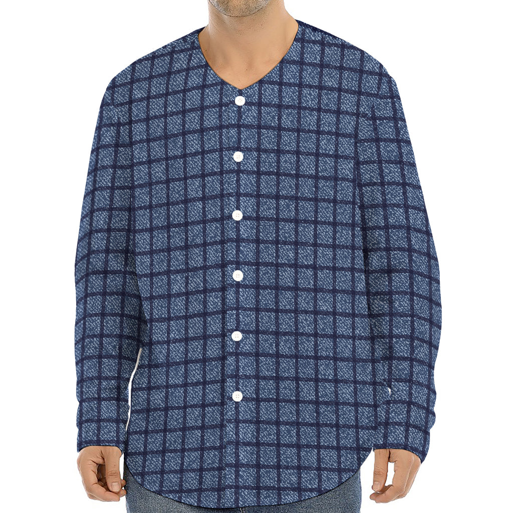Denim Windowpane Pattern Print Long Sleeve Baseball Jersey