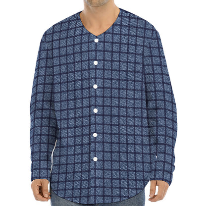 Denim Windowpane Pattern Print Long Sleeve Baseball Jersey