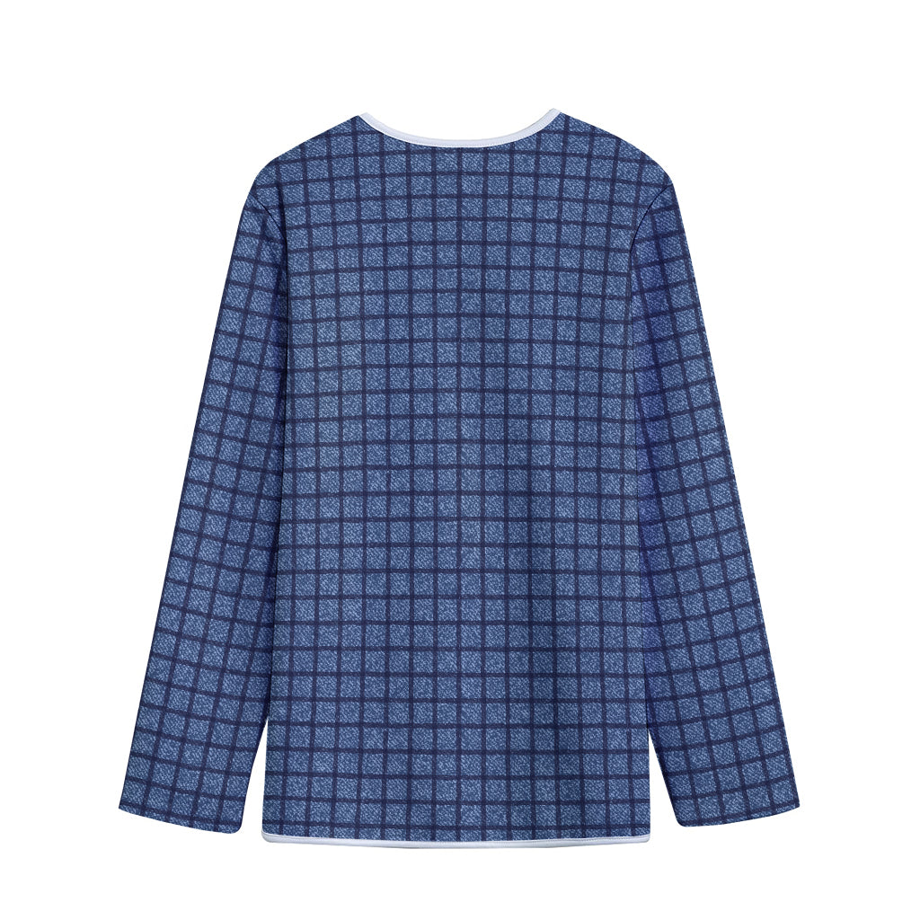 Denim Windowpane Pattern Print Long Sleeve Short Coat