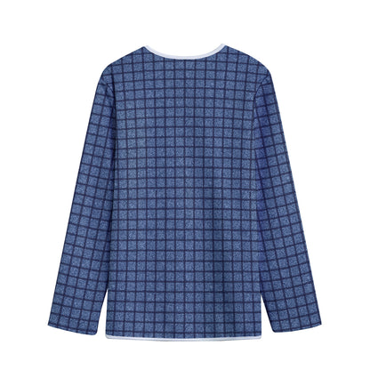 Denim Windowpane Pattern Print Long Sleeve Short Coat