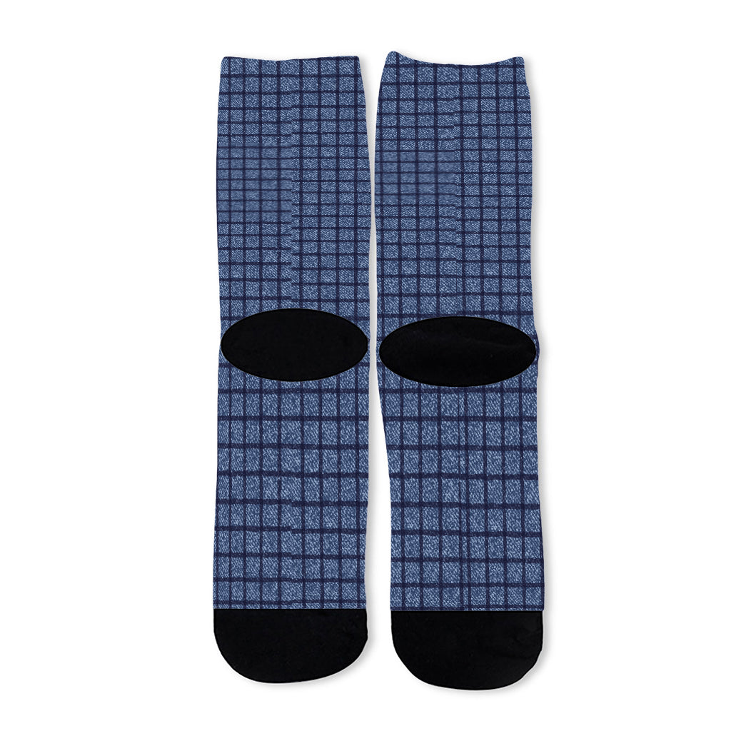 Denim Windowpane Pattern Print Long Socks