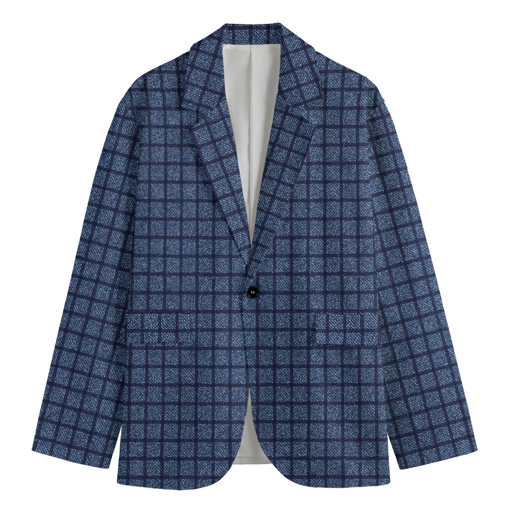 Denim Windowpane Pattern Print Men's Blazer