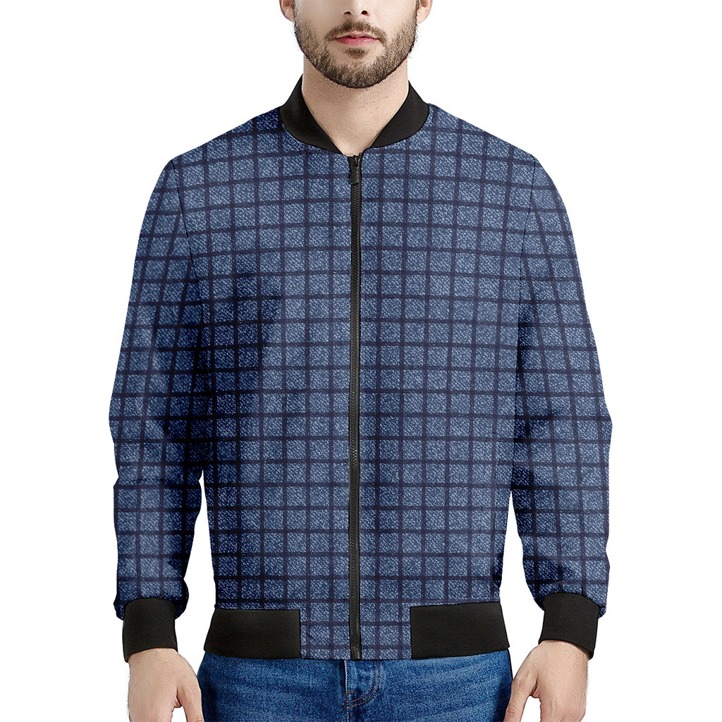 Denim Windowpane Pattern Print Men's Bomber Jacket