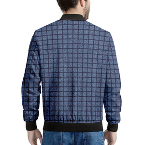 Denim Windowpane Pattern Print Men's Bomber Jacket