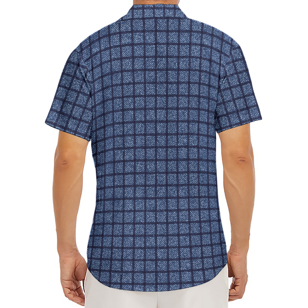 Denim Windowpane Pattern Print Men's Deep V-Neck Shirt