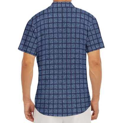 Denim Windowpane Pattern Print Men's Deep V-Neck Shirt