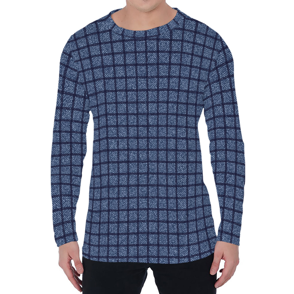 Denim Windowpane Pattern Print Men's Long Sleeve T-Shirt