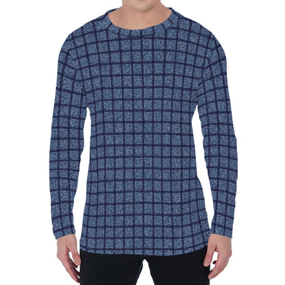 Denim Windowpane Pattern Print Men's Long Sleeve T-Shirt
