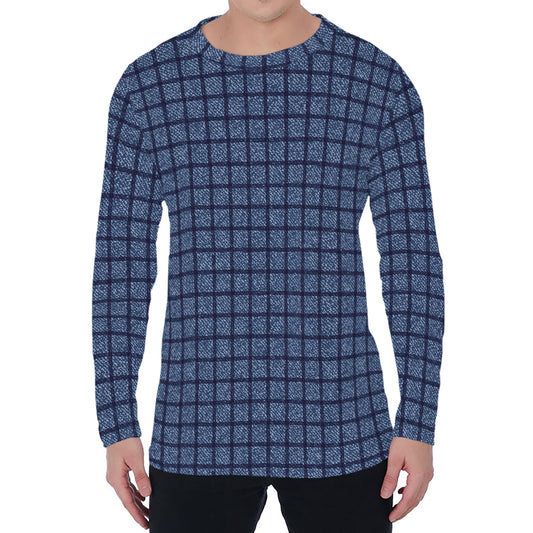 Denim Windowpane Pattern Print Men's Long Sleeve T-Shirt