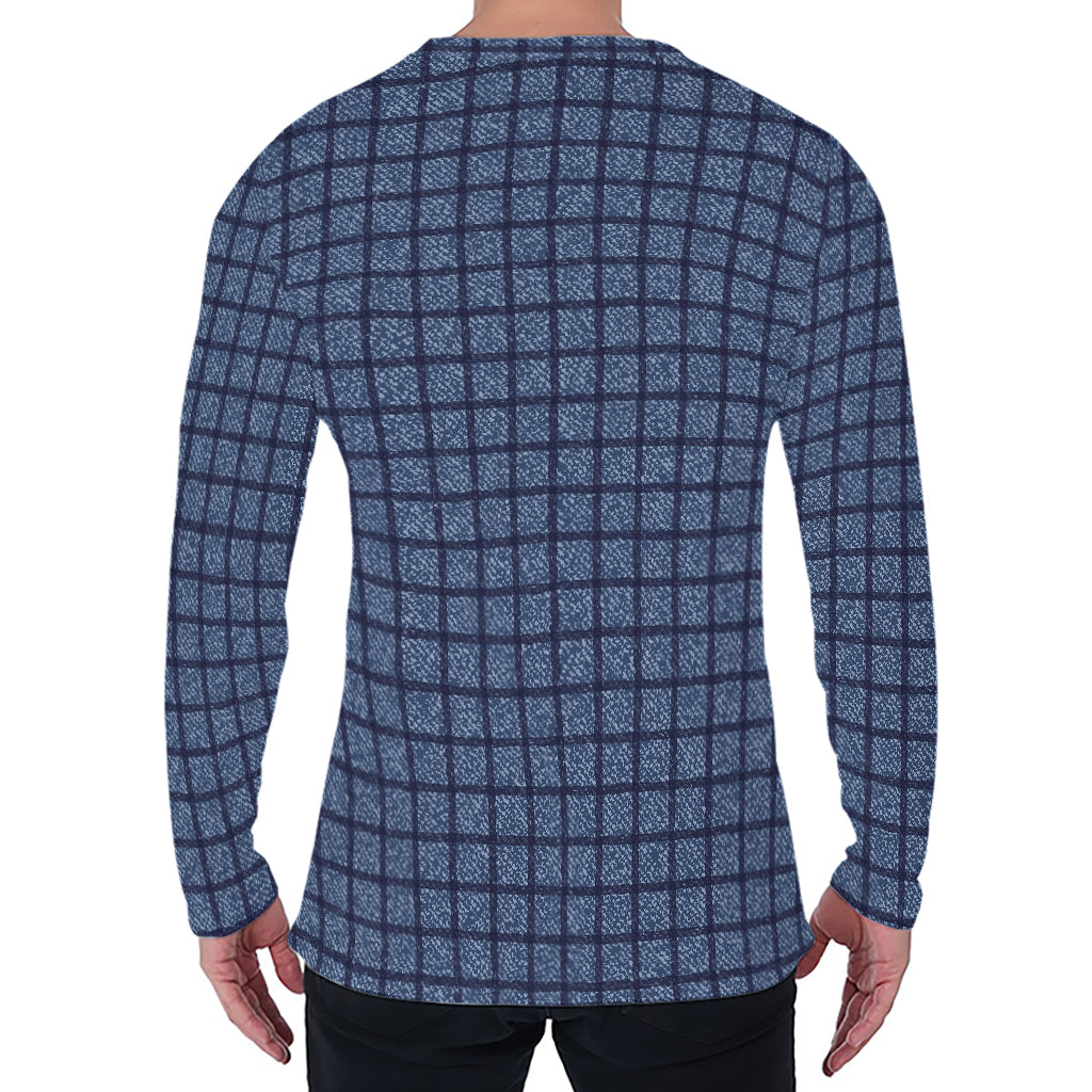 Denim Windowpane Pattern Print Men's Long Sleeve T-Shirt