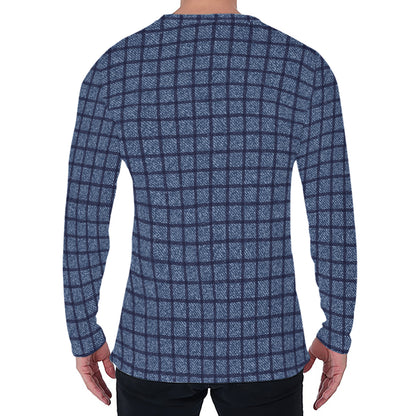 Denim Windowpane Pattern Print Men's Long Sleeve T-Shirt