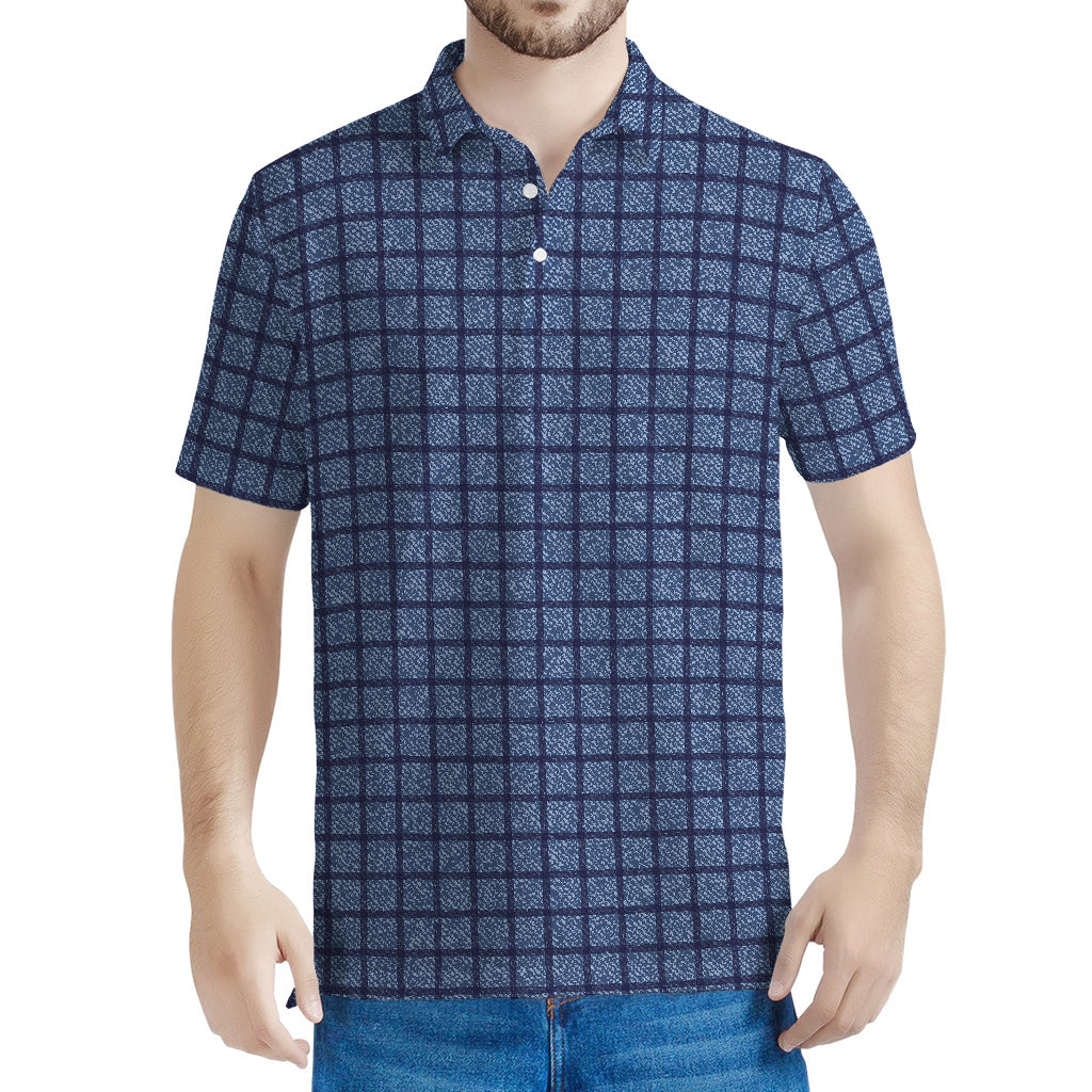 Denim Windowpane Pattern Print Men's Polo Shirt