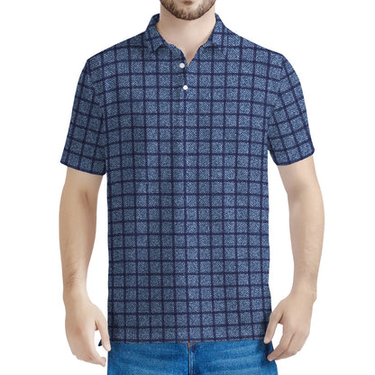 Denim Windowpane Pattern Print Men's Polo Shirt