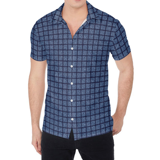 Denim Windowpane Pattern Print Men's Shirt