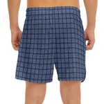 Denim Windowpane Pattern Print Men's Split Running Shorts