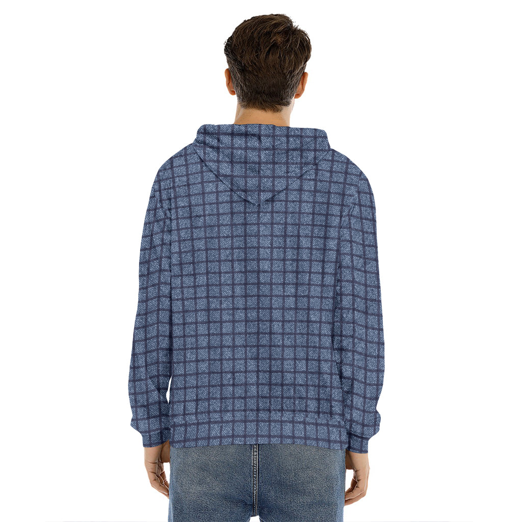 Denim Windowpane Pattern Print Men's Velvet Pullover Hoodie