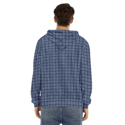 Denim Windowpane Pattern Print Men's Velvet Pullover Hoodie