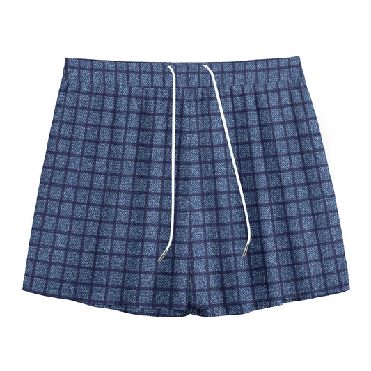 Denim Windowpane Pattern Print Mesh Shorts