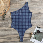 Denim Windowpane Pattern Print One Shoulder Bodysuit