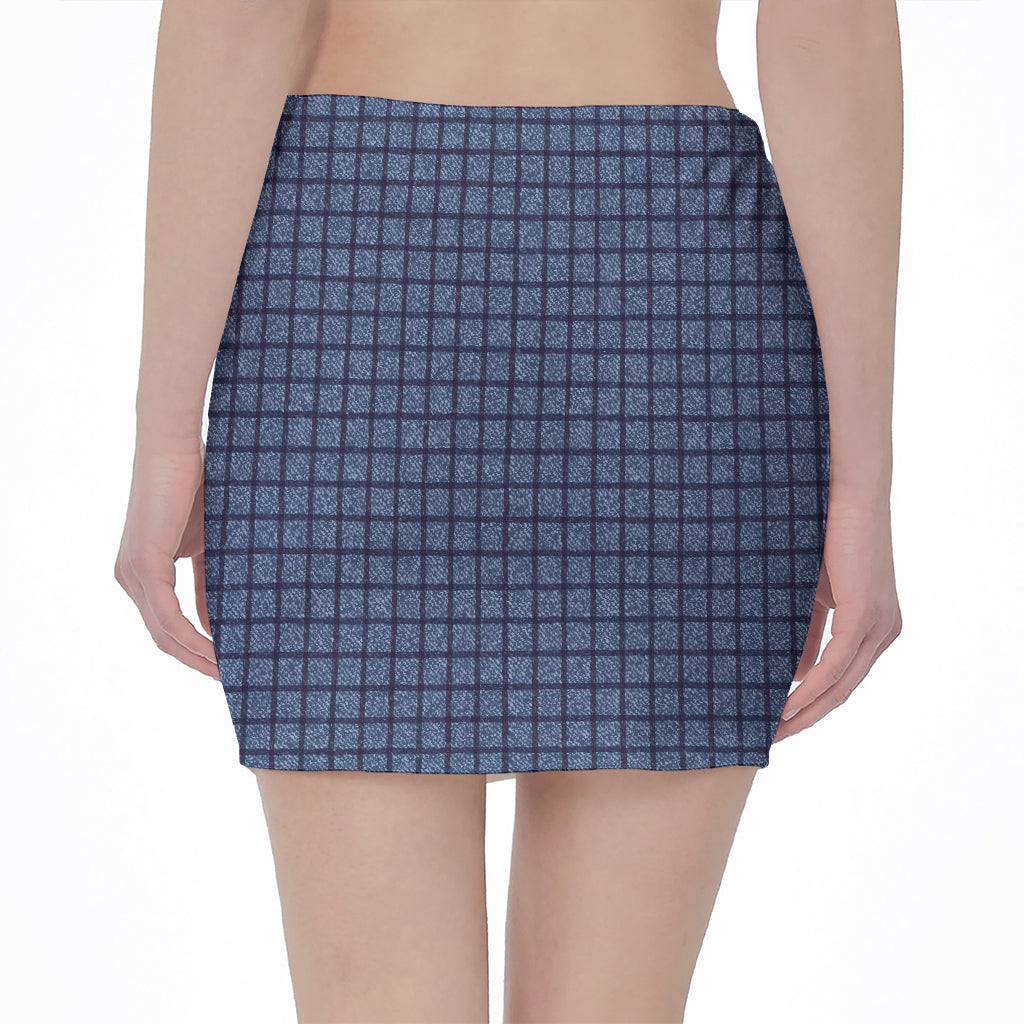 Denim Windowpane Pattern Print Pencil Mini Skirt