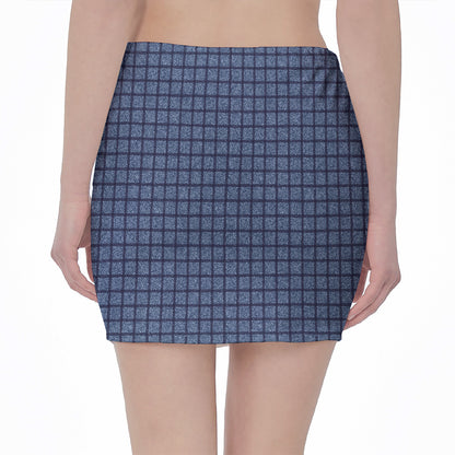 Denim Windowpane Pattern Print Pencil Mini Skirt