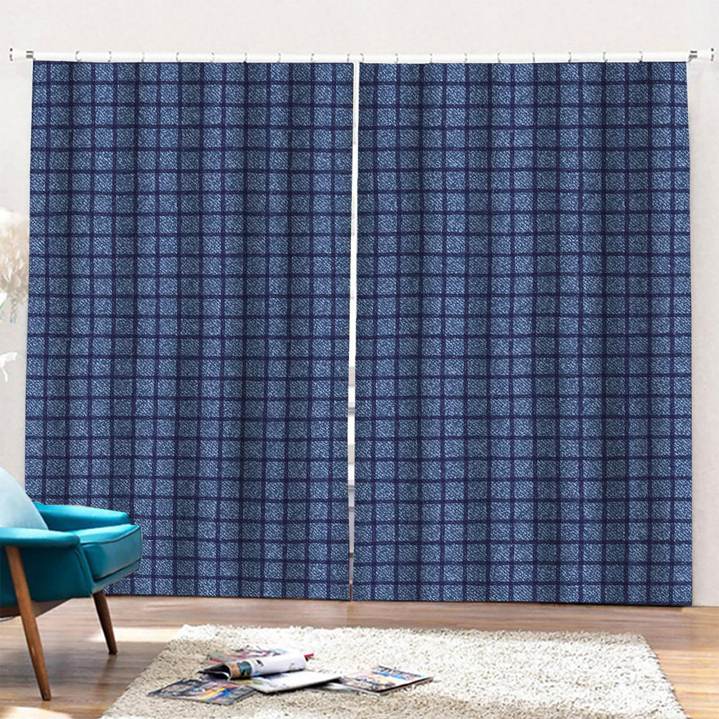 Denim Windowpane Pattern Print Pencil Pleat Curtains