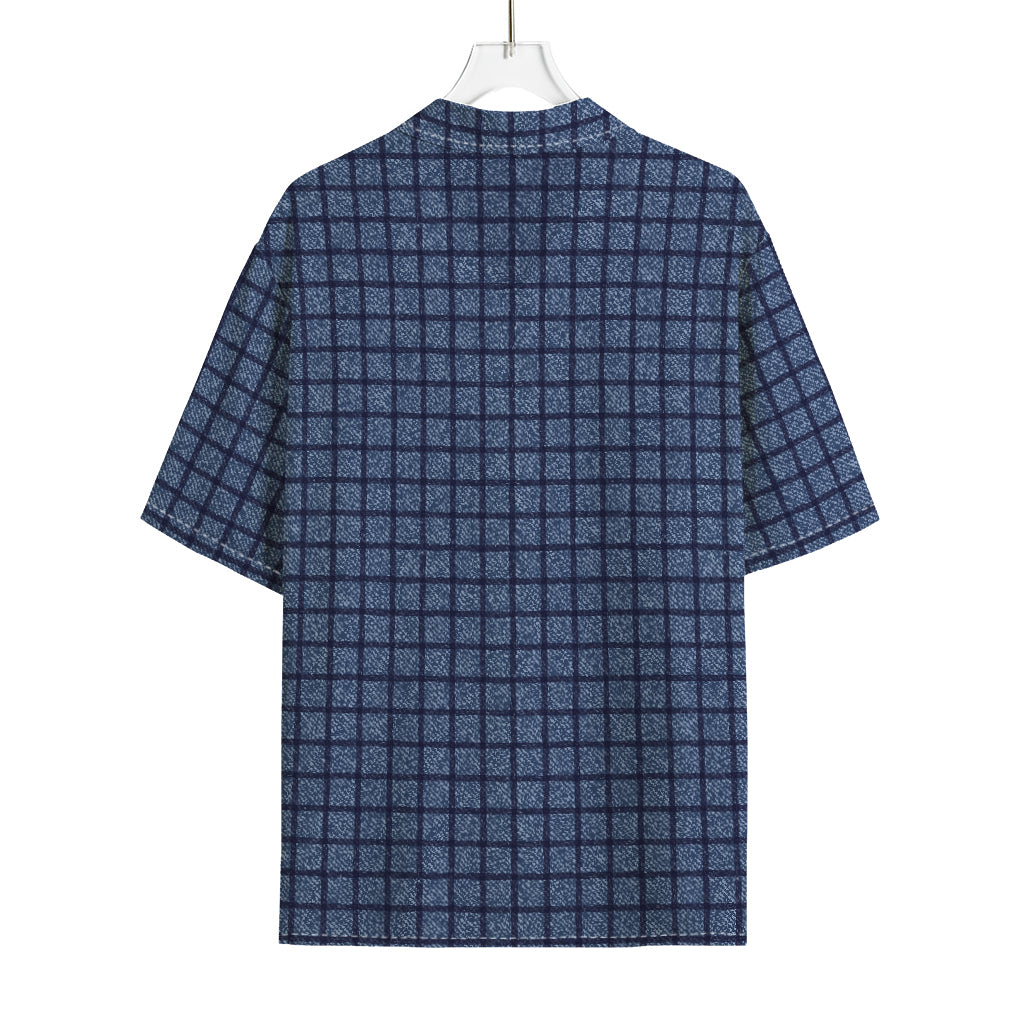 Denim Windowpane Pattern Print Rayon Hawaiian Shirt