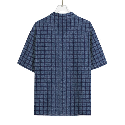 Denim Windowpane Pattern Print Rayon Hawaiian Shirt
