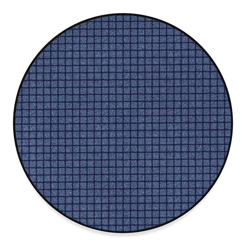 Denim Windowpane Pattern Print Round Floor Mat