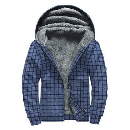 Denim Windowpane Pattern Print Sherpa Lined Zip Up Hoodie