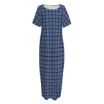 Denim Windowpane Pattern Print Short Sleeve Long Nightdress