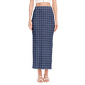 Denim Windowpane Pattern Print Side Slit Maxi Skirt