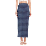 Denim Windowpane Pattern Print Side Slit Maxi Skirt