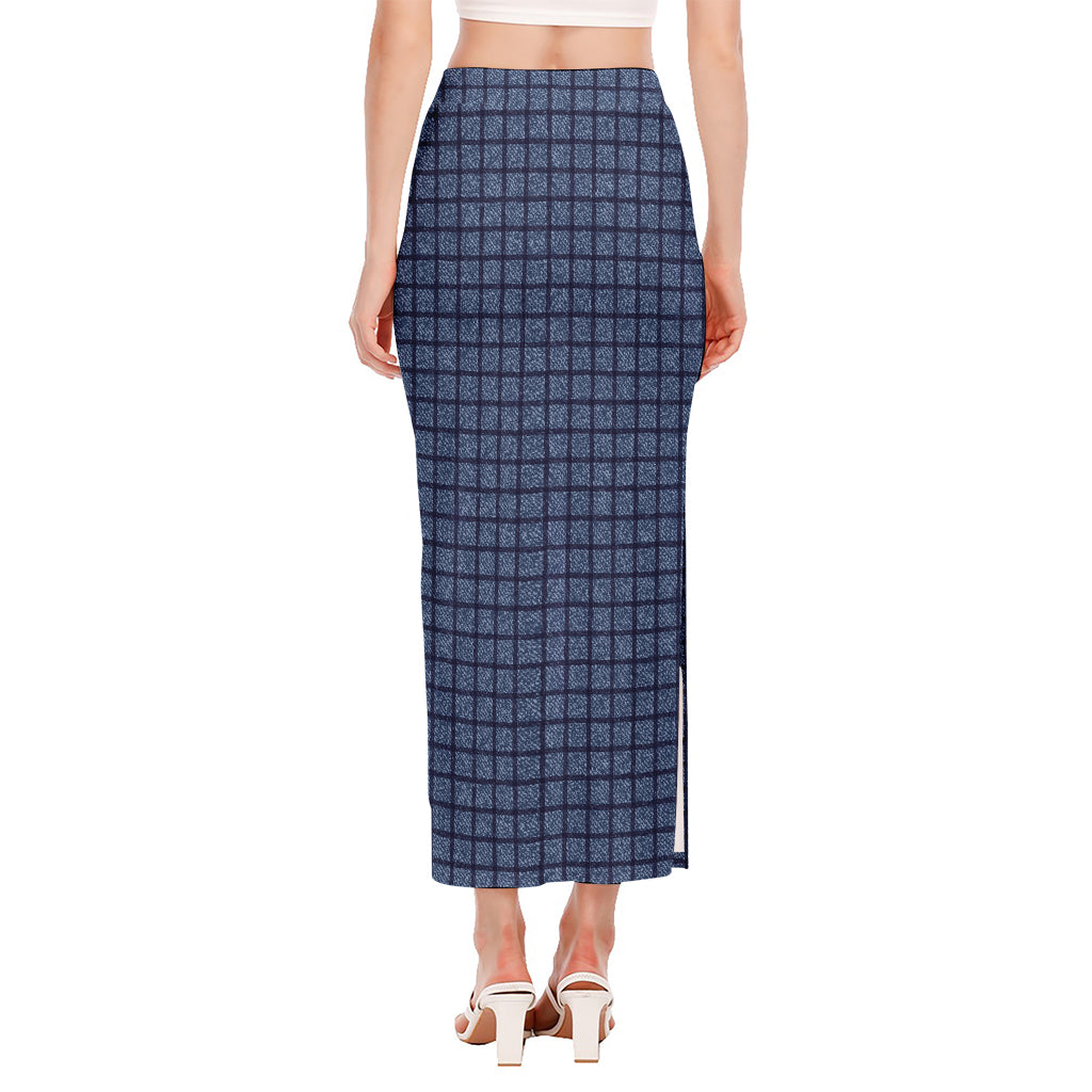 Denim Windowpane Pattern Print Side Slit Maxi Skirt