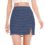 Denim Windowpane Pattern Print Side Slit Mini Skirt