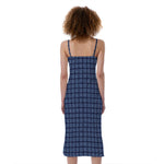 Denim Windowpane Pattern Print Slim Fit Midi Cami Dress