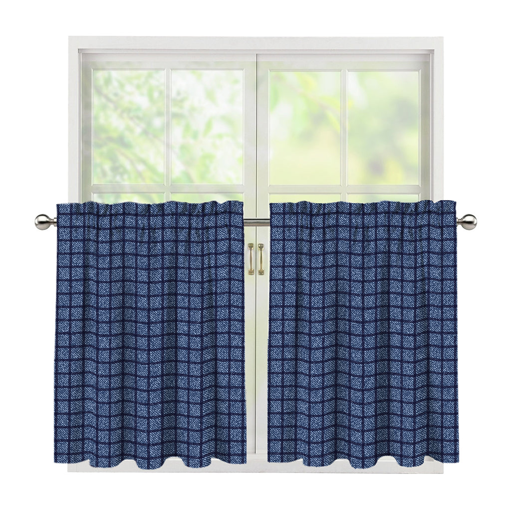 Denim Windowpane Pattern Print Tier Curtains