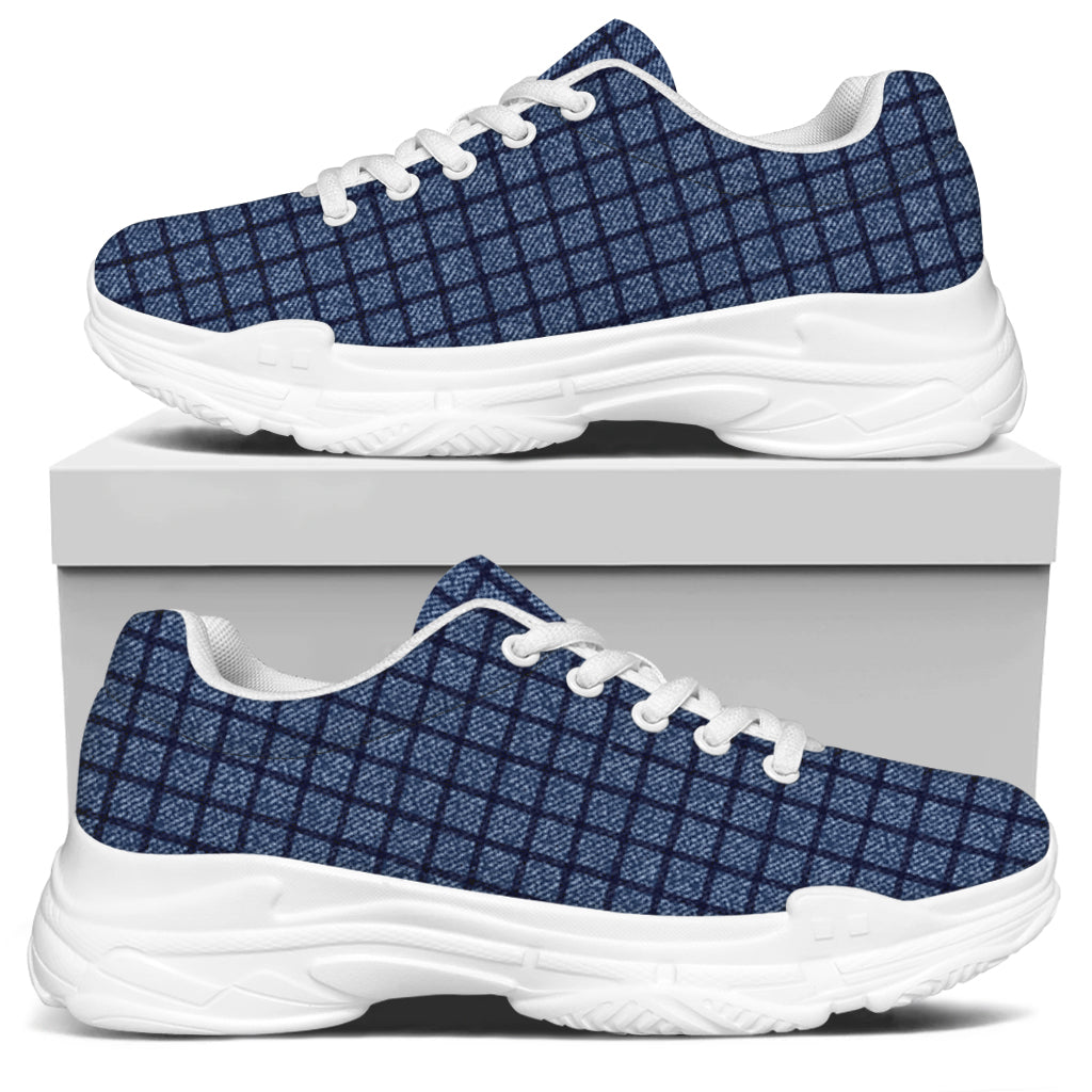 Denim Windowpane Pattern Print White Chunky Shoes