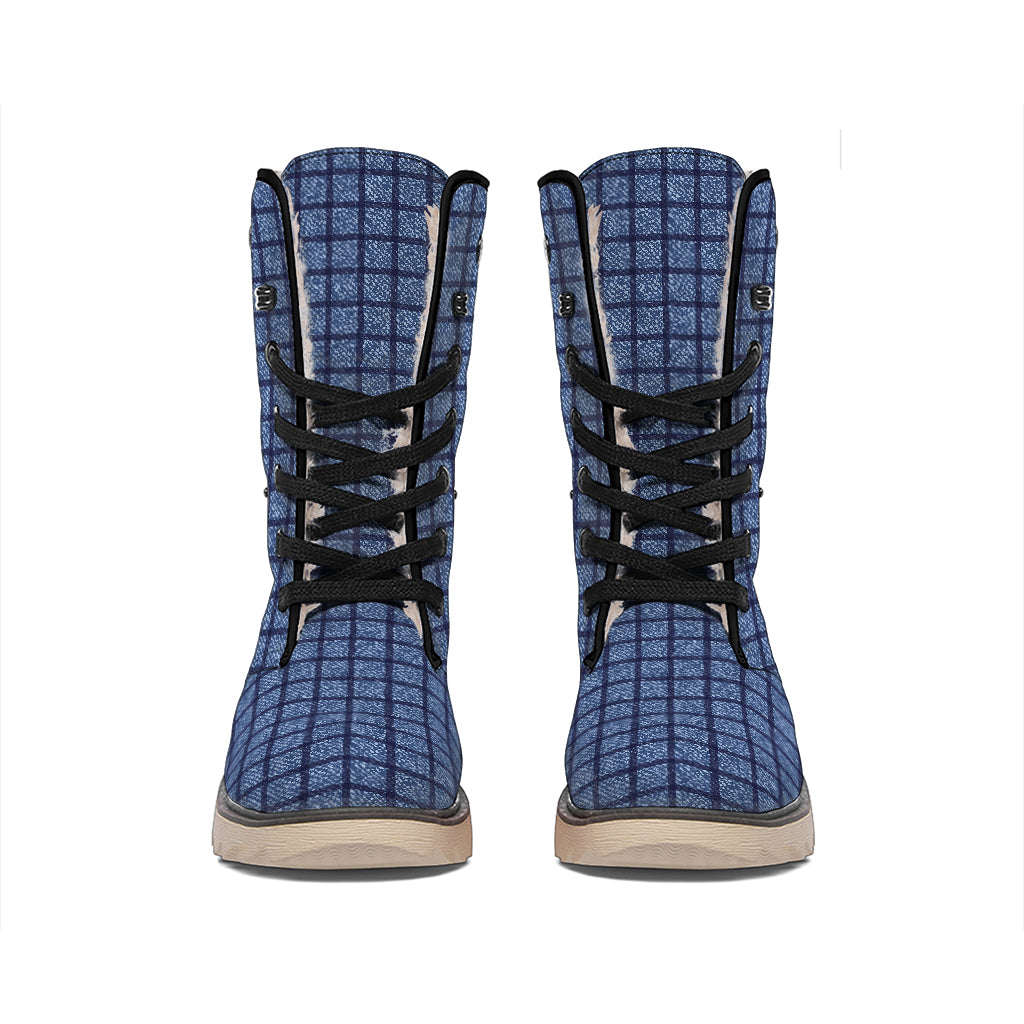 Denim Windowpane Pattern Print Winter Boots