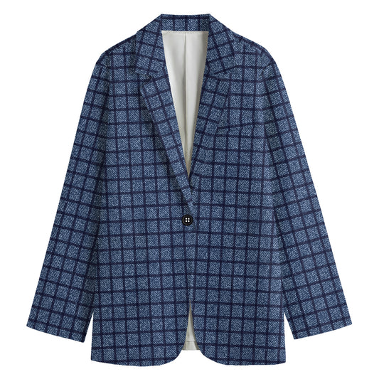 Denim Windowpane Pattern Print Women's Blazer