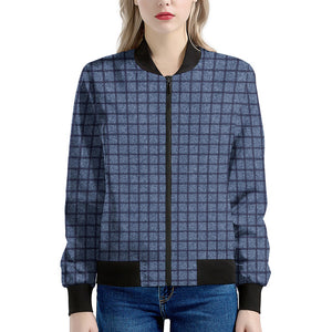 Denim Windowpane Pattern Print Women's Bomber Jacket