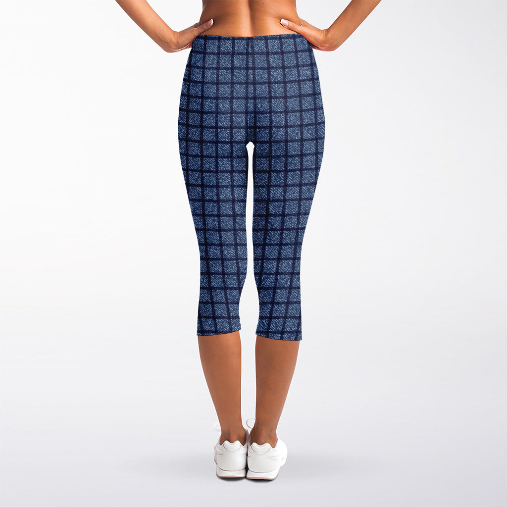 Denim Windowpane Pattern Print Women's Capri Leggings