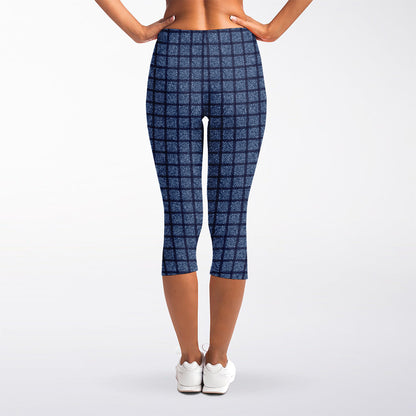 Denim Windowpane Pattern Print Women's Capri Leggings