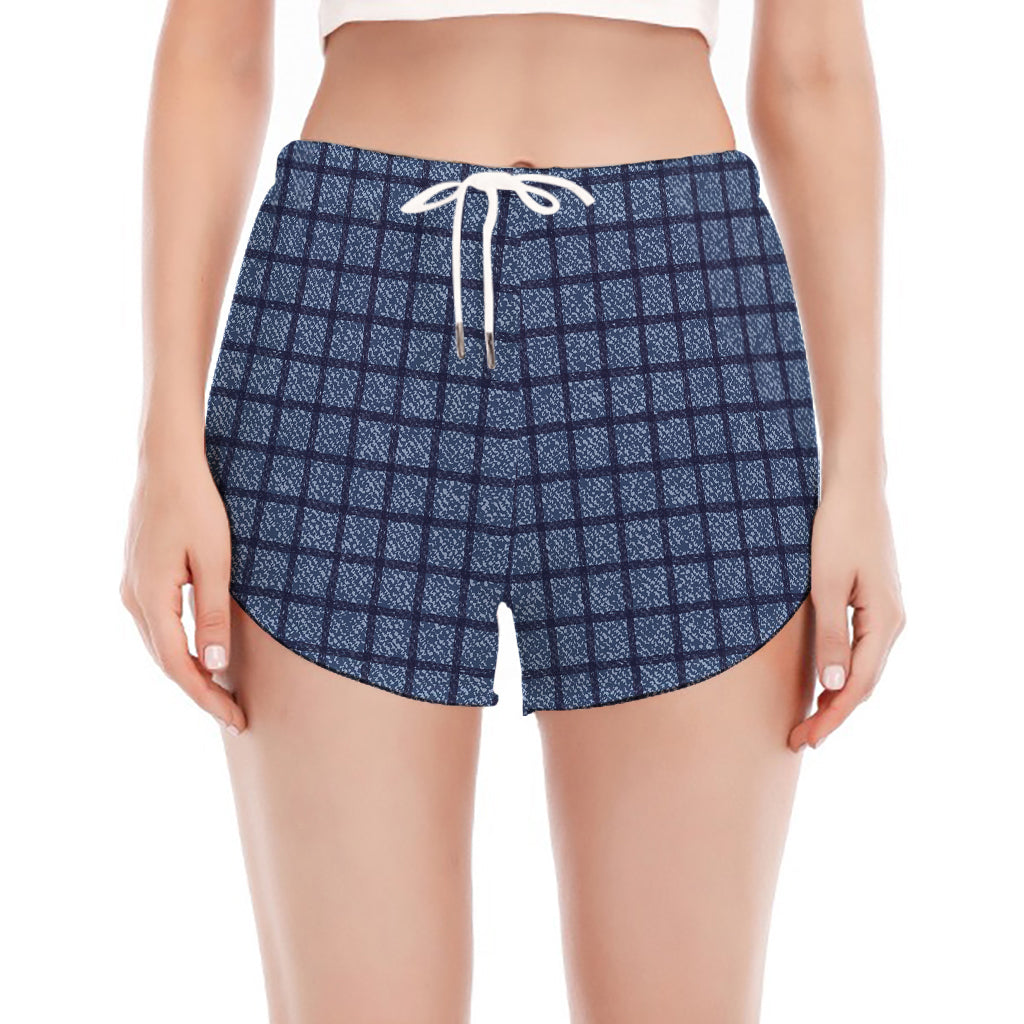 Denim Windowpane Pattern Print Women's Split Running Shorts