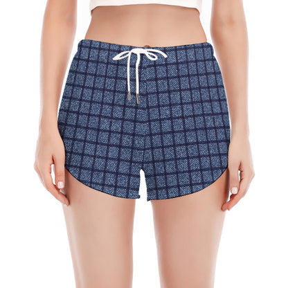 Denim Windowpane Pattern Print Women's Split Running Shorts