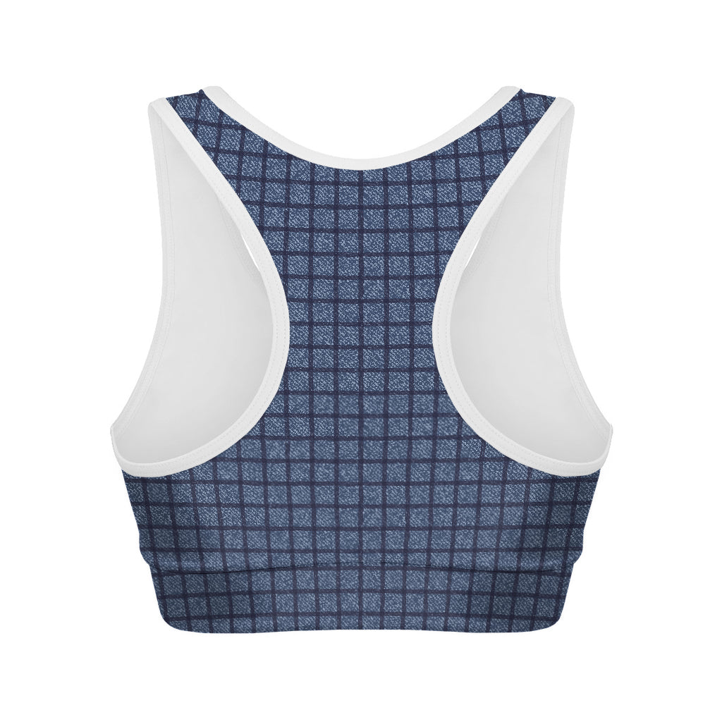 Denim Windowpane Pattern Print Women's Sports Bra