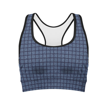 Denim Windowpane Pattern Print Women's Sports Bra