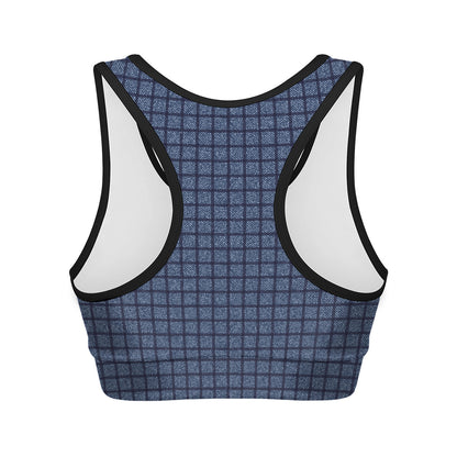 Denim Windowpane Pattern Print Women's Sports Bra